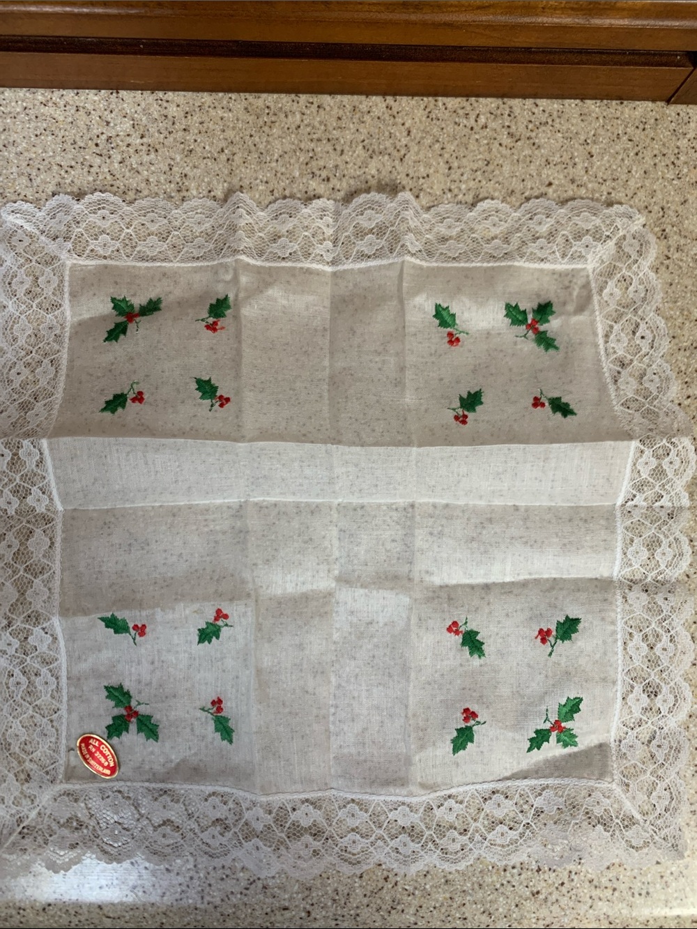 VTG 1940 Embroidered Holly Linen Napkin with Lace Trim made. Made in Switzerland